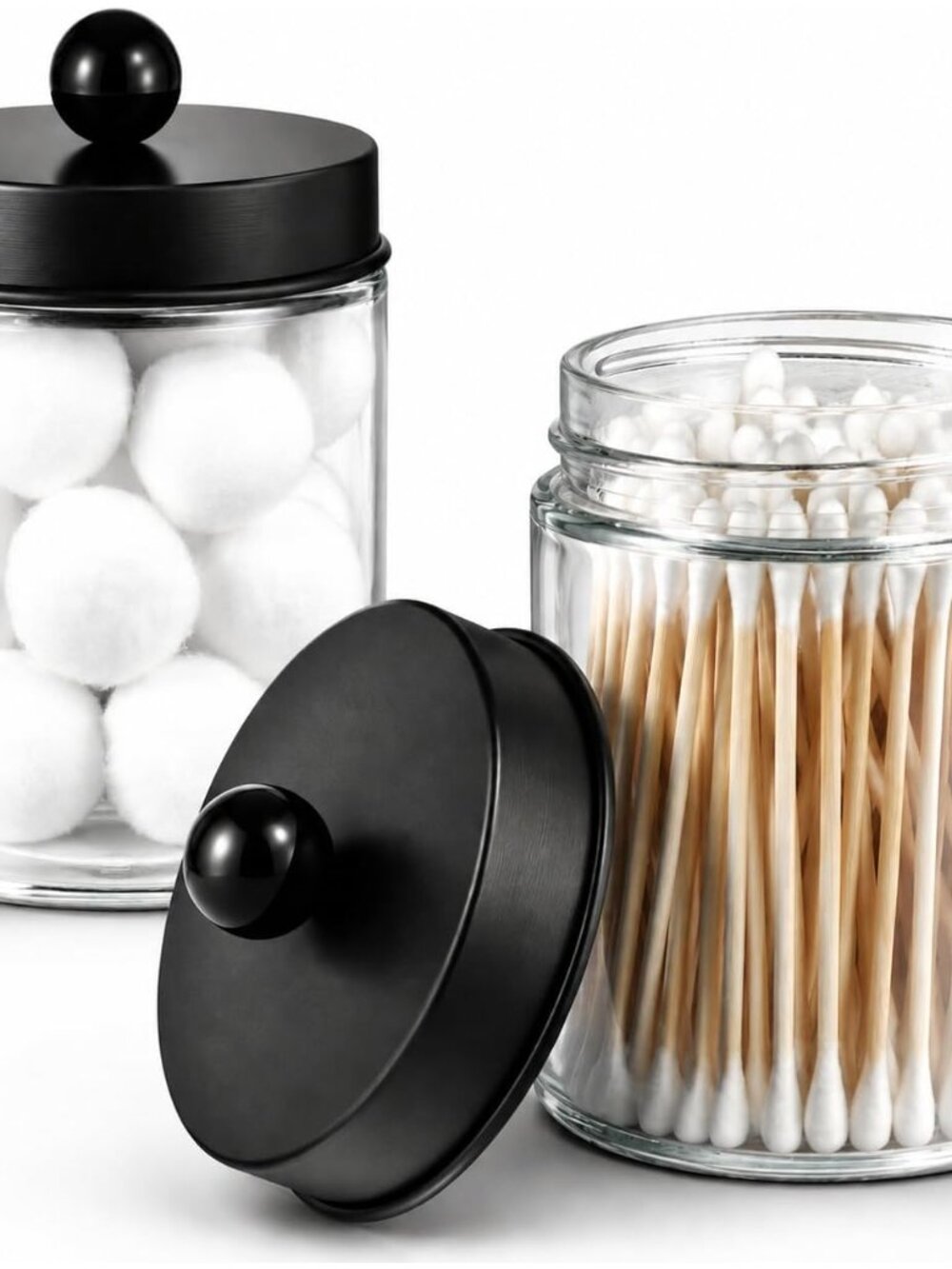 Apothecary Jar Qtip Holder w/Metal Lid Glass,Glass, Black 2Pack